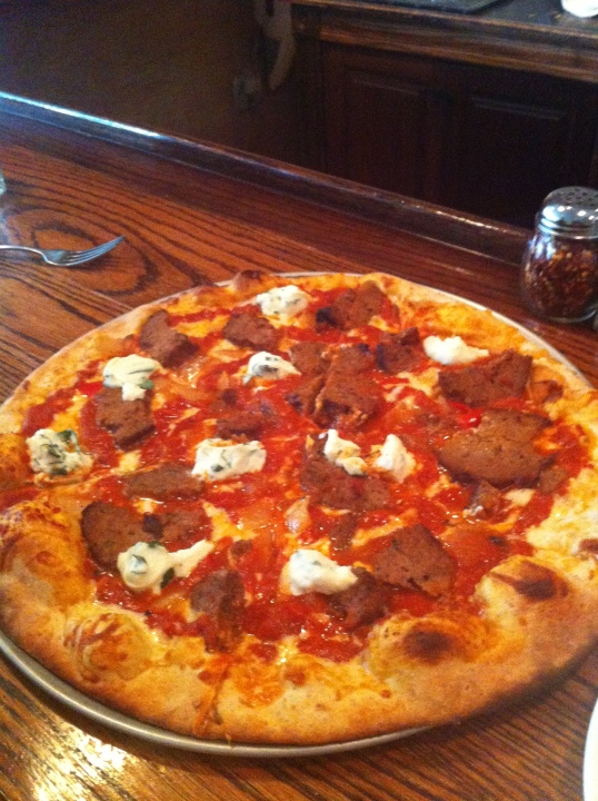 The Meatball - tomato sauce, roasted pepper, onion, Ricotta, and Parmesan.