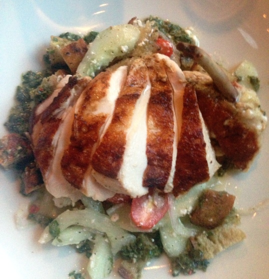 Roasted Chicken Breast, Panzanella Salad with Cucumbers, Feta, Olives, Basil & Salsa Verde 